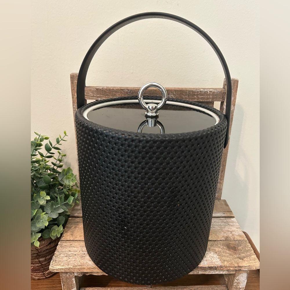 VINTAGE MORGAN DESIGNS ICE BUCKET Brigade Black Basketweave Leather